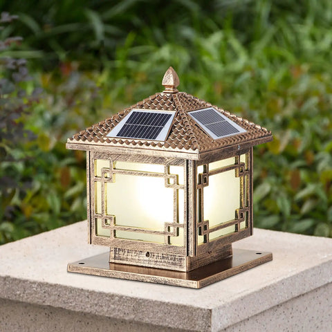Solar Post Lights With Remote Control Energy Saving LED Column Lamp Outdoor Waterproof IP55 Bronze Pillar Lantern