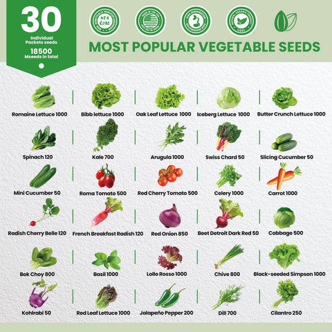 Chart displaying 30 varieties of most popular vegetable seeds with quantities for Over 18,000 Heirloom Seeds in a 30 Varieties Veggie Garden Pack.