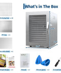 Built Tough Real Deal 14 Tray Stainless Steel Food Dehydrator Electric Dryer showing contents including 14 SS trays, manual, and silicone gloves.