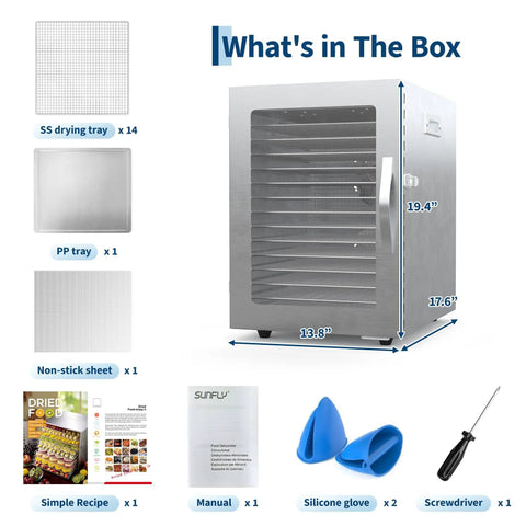 Built Tough Real Deal 14 Tray Stainless Steel Food Dehydrator Electric Dryer showing contents including 14 SS trays, manual, and silicone gloves.