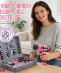 Woman holding Pink 8V Cordless Drill Set And Tool Kit For Women Lightweight Rechargeable Power Drill Driver with starter tools