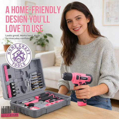 Woman holding Pink 8V Cordless Drill Set And Tool Kit For Women Lightweight Rechargeable Power Drill Driver with starter tools