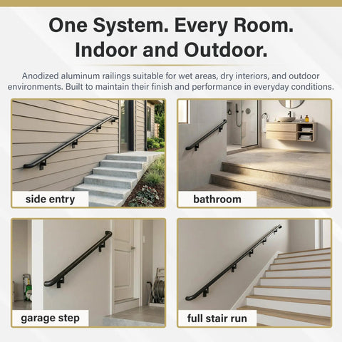 Example installations of Sturdy Satin Black 3 Ft Aluminum Stair Handrail Kit For Indoor And Outdoor Use in various settings