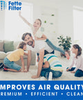 Family playing in a living room, promoting Two Pack Replacement Air Purifier Filter For Shark HP100 HP102 HP102PET HP130 HP132 HC450 HC451 HC452 HC455.