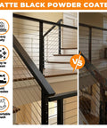 Heavy Duty 6 Foot 6 Inch Stainless Steel Flat Handrail Slick Matte Black Finish Cable Railing Run Your Deck Built Tough For Outdoor Stairs And Balconies Walkway Premium Badass Guardrail System, showcasing matte black powder coated handrail beside a rusted alternative.