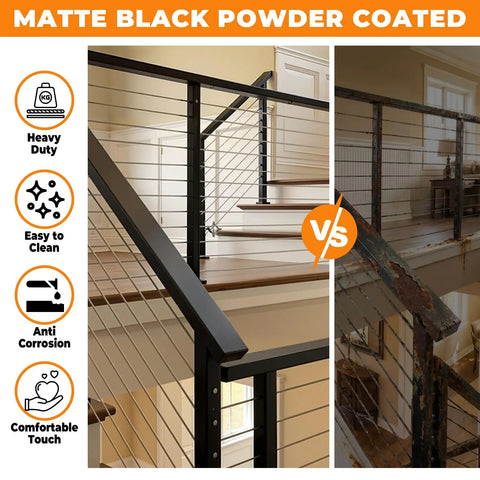 Heavy Duty 6 Foot 6 Inch Stainless Steel Flat Handrail Slick Matte Black Finish Cable Railing Run Your Deck Built Tough For Outdoor Stairs And Balconies Walkway Premium Badass Guardrail System, showcasing matte black powder coated handrail beside a rusted alternative.