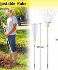 Man using Expandable Leaf Rake For Lawns And Gardens With 7 To 23 Inch Head And 64 Inch Adjustable Metal Handle Collapsible Yard Rake For Cleaning Leaves Grass Clippings And Debris When Camping