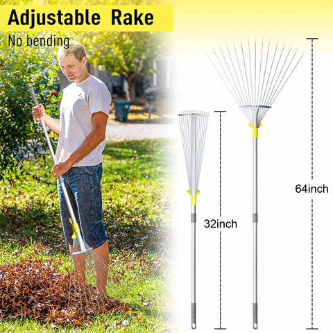 Man using Expandable Leaf Rake For Lawns And Gardens With 7 To 23 Inch Head And 64 Inch Adjustable Metal Handle Collapsible Yard Rake For Cleaning Leaves Grass Clippings And Debris When Camping