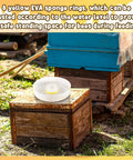 Round Bee Feeder Set, 4 Pack With Anti Drowning Sponges for hives, shown on a wooden beehive, outdoor setting