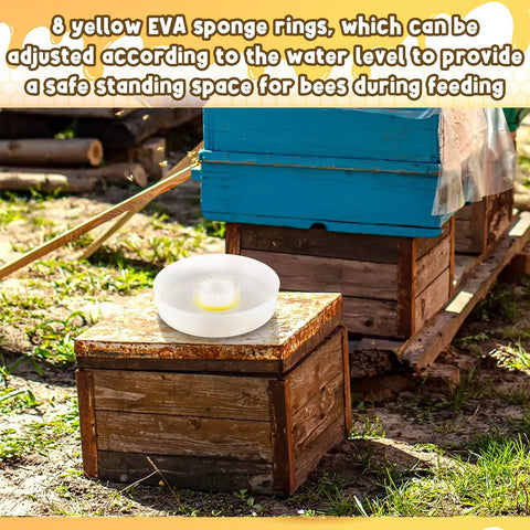 Round Bee Feeder Set, 4 Pack With Anti Drowning Sponges for hives, shown on a wooden beehive, outdoor setting