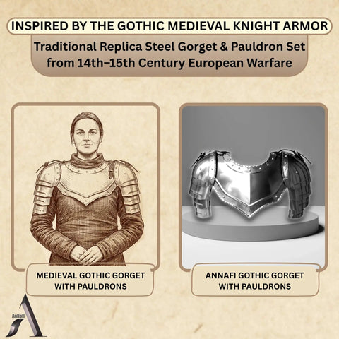 Medieval Steel Gorget With Pauldrons Armor Set for LARP and Cosplay, 14th-15th Century Knight Style in Drawing and Photo