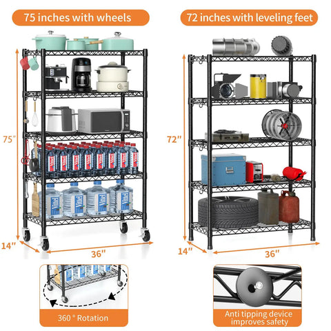 Heavy Duty 5 Tier Wire Shelving Unit With Beefy Rolling Casters Adjustable Black Metal Storage Rack NSF Certified 1900 Lbs Capacity 36 By 14 By 72 Inches Hella Sturdy Storage Setup For Garage Or Kitchen