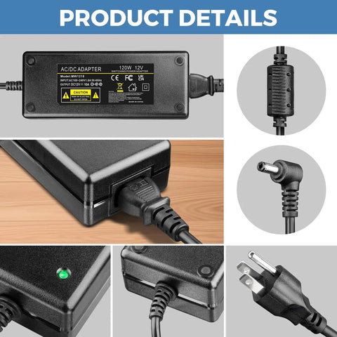 Beefy 12V DC 10A LED Strip Power Supply Adapter For 5050 3528 Lights, 120W Max, AC To DC Switching Converter With 5.5x2.5mm Output Jack