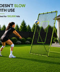 Volleyball Rebounder Net 7x4 Ft With Five Adjustable Angles For Solo Practice, woman using net in backyard