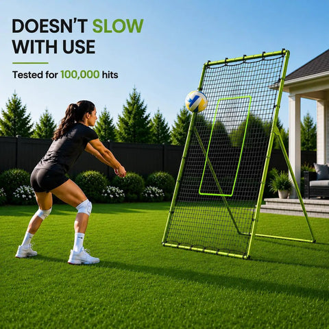 Volleyball Rebounder Net 7x4 Ft With Five Adjustable Angles For Solo Practice, woman using net in backyard