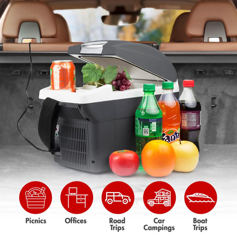 Compact 6 Quart Thermoelectric Cooler And Warmer For Car Rv And Truck with drinks and fruits in a car trunk.