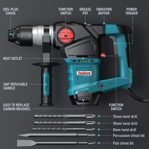 ENERACRO SDS-Plus rotary hammer drill, 1-1/4 in, 12.5A, teal/black with case and bits