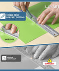 Person using 12 Inch Aluminum Ruler With Dual Inch And Metric Scales, Precise Markings, cutting paper with safe raised edge design.
