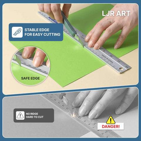 Person using 12 Inch Aluminum Ruler With Dual Inch And Metric Scales, Precise Markings, cutting paper with safe raised edge design.