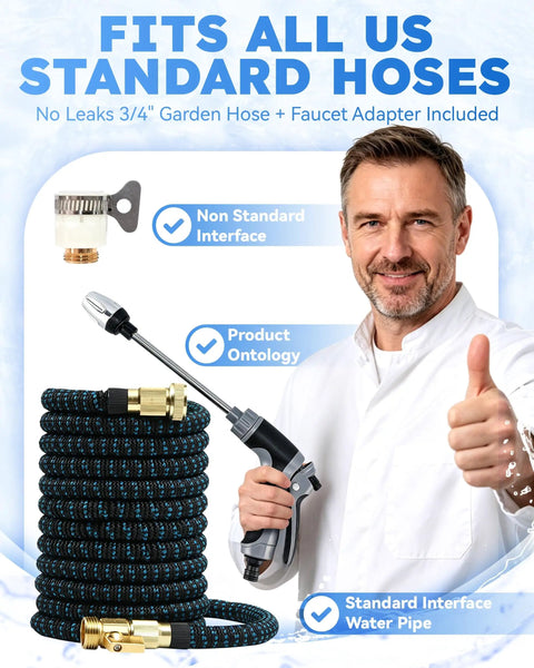 Man holding Beast Of A High Pressure Hose Gun Wand For 3/4 Inch Garden Hose, with fittings and hose on display.