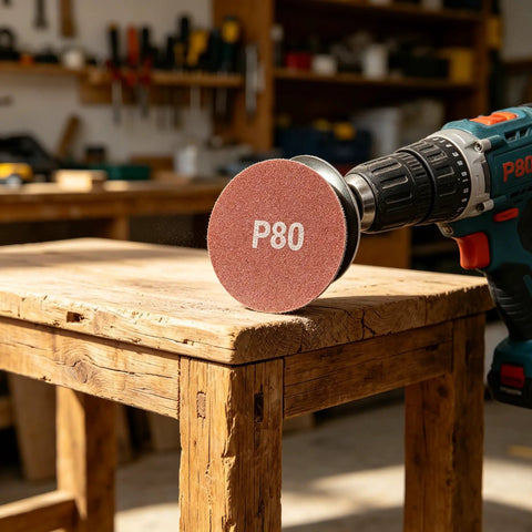 100 Pack 3 Inch 80 Grit Sanding Discs With Hook Loop Backing For Drills And Grinders on a drill, focusing on P80 sanding disc.