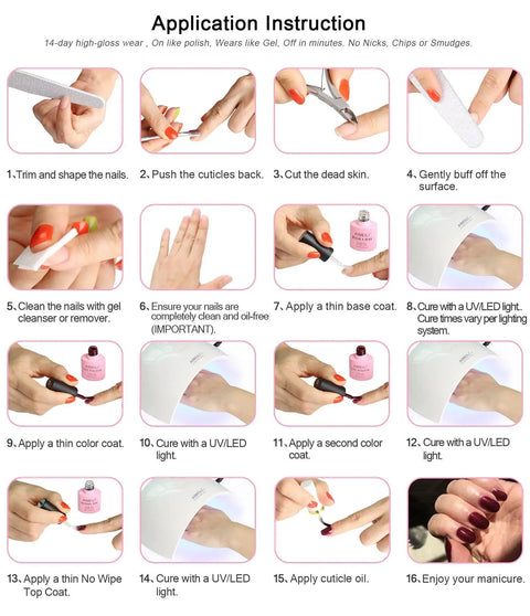 Step-by-step instructions for applying Dope Temperature Color Changing Gel Nail Polish Kit With 6 Glitter 10ml Bottles Thermochromic Vegan Cruelty Free HEMA Free Mood Shifting Nail Polish Set For Warm Or Cold Hands Gift Box Packaging.