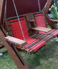 Outdoor swing with red blankets, supported by Stainless Steel Chain 2mm Thick, 98.4 Ft Heavy Duty Proof Coil Chain With Hanging Loops.