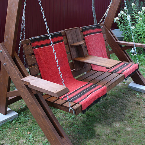 Outdoor swing with red blankets, supported by Stainless Steel Chain 2mm Thick, 98.4 Ft Heavy Duty Proof Coil Chain With Hanging Loops.