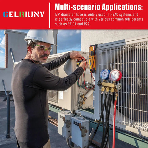 Cool HVAC Evacuation Kit With Upgraded 1/2 Hose For Fast A/C Repair And Refrigerant Service On R410a, R134a, And More Units Made Easy. HVAC tech attaching manifold gauges to rooftop AC unit, 1/2-inch hose