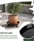 Three Piece Plant Dolly Set Heavy Duty Resin Base with smooth rolling wheels holds a potted plant up to 88 lbs on a patio.