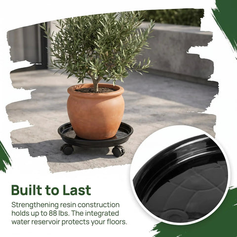 Three Piece Plant Dolly Set Heavy Duty Resin Base with smooth rolling wheels holds a potted plant up to 88 lbs on a patio.