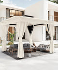 Khaki 10x10 Outdoor Gazebo With Double Roof Setup Friendly, Heavy Duty Party Tent, Patio Canopy With Curtains, backyard view