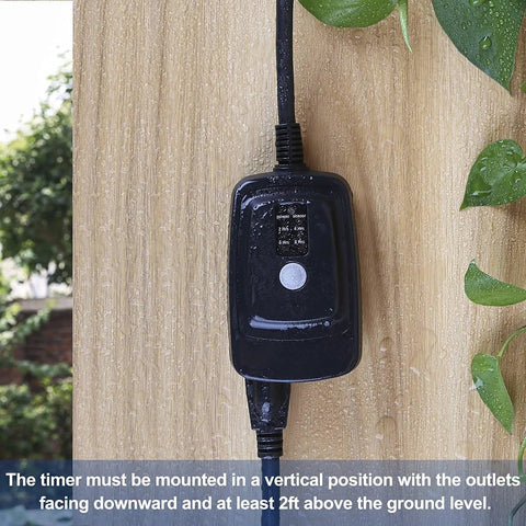 Super Tough Weatherproof Remote Outlet Power Strip With 100 Foot Wireless Range mounted on wooden wall, black timer setting visible.