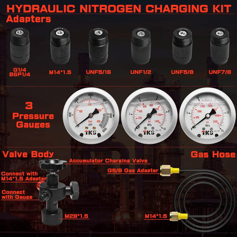 Hydraulic Nitrogen Accumulator Charging Kit With Seven Adapters And Three Gauge Readouts For 1500, 3600, And 6000 PSI
