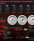 All In One Hydraulic Nitrogen Accumulator Charging Kit With Seven Couplings, Three Gauges 1500 PSI 3600 PSI 6000 PSI, And Two Gas Hoses For Quick Nitrogen Fill And Pressure Test On Hydraulic Systems showing adapters, gauges, valve body, and gas hose.