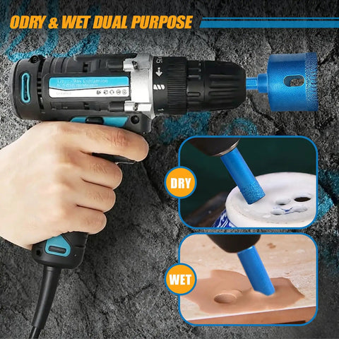 Pro-Grade Diamond Tile Drill Bits Kit with heavy-duty saw demonstrating dry and wet cutting on ceramic and granite surfaces.