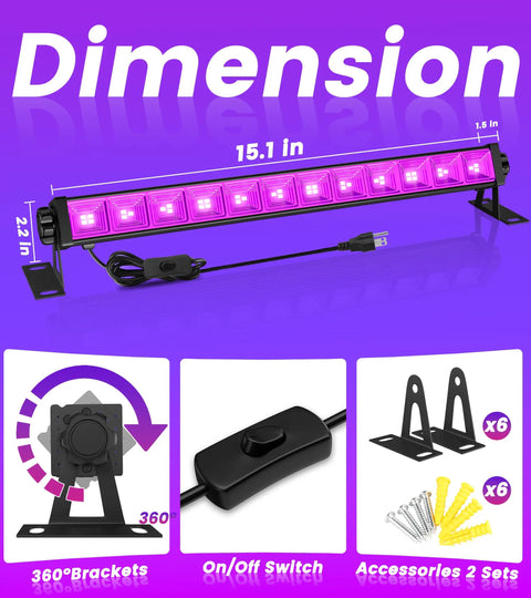 LED Black Light Bar Kit 42W 6 Pack With 6Ft Cable Switch And Plug For Large Area Lit Glow Party Lighting dimensions and features