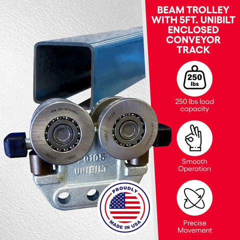 Heavy Duty Beam Trolley System On A 5 Foot Unibilt Enclosed Conveyor Track with 250Lb adjustable steel rollers