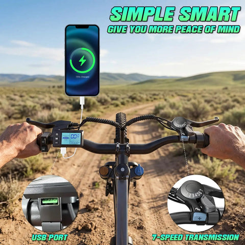 Adult Electric Bike 26 Inch Commuter With 7 Speed Gears And A Smooth 25 MPH Cruise, close-up of handlebar and display.