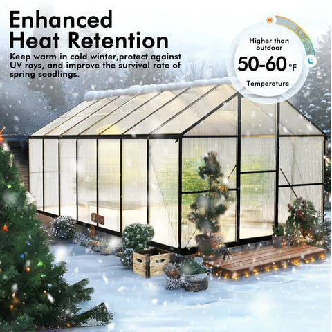Walk In Outdoor Greenhouse Kit 8 By 14 Feet Large Weatherproof Greenhouse with snow, aluminum frame, for garden planting.