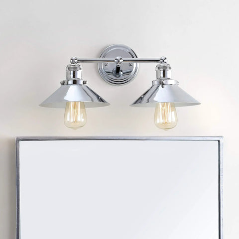 Lit Chrome 2 Light Industrial Farmhouse Vanity Light Wall Sconce With Metal Shade for Bathroom Mirror
