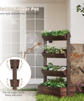 Wooden Raised Garden Bed Vertical Planter Box with four carbonized tiers and adjustable tilt, displayed outdoors near a door.