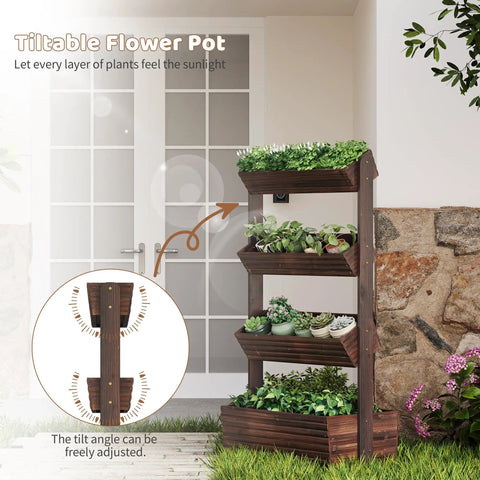 Wooden Raised Garden Bed Vertical Planter Box with four carbonized tiers and adjustable tilt, displayed outdoors near a door.