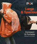 Person wearing orange Emergency Mylar Poncho With Hood for rain and wind; shows packing into backpack