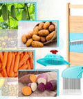 3-Piece waffle fry cutter set in turquoise, includes stainless steel crinkle slicers and protective cover for potatoes