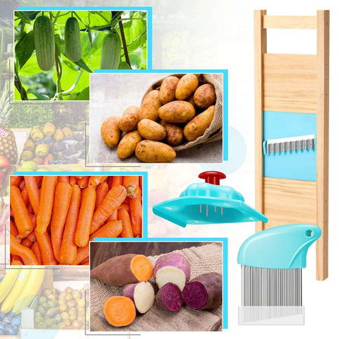 3-Piece waffle fry cutter set in turquoise, includes stainless steel crinkle slicers and protective cover for potatoes