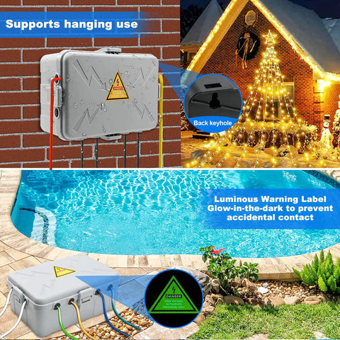 Large Outdoor Electrical Box With IP54 Weatherproof Cover 8 Cable Ports for outlets, timers, extension cords by pool and wall.