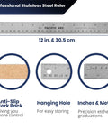 Stainless Steel 12 Inch Metal Ruler With Non Slip Cork Back Inch And Metric Graduations Pro Grade Crafting Tool With Features