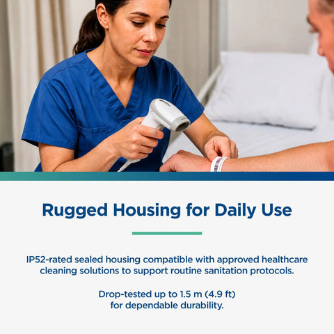 Healthcare worker using Rugged Workhorse Handheld Barcode Scanner USB Plug And Play 1D And 2D Code Reader on patient wristband