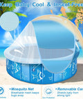 Foldable 47 Inch Kiddie Pool With Sprinkler Canopy featuring mosquito net and sun shade at the beach, ideal for backyard play.